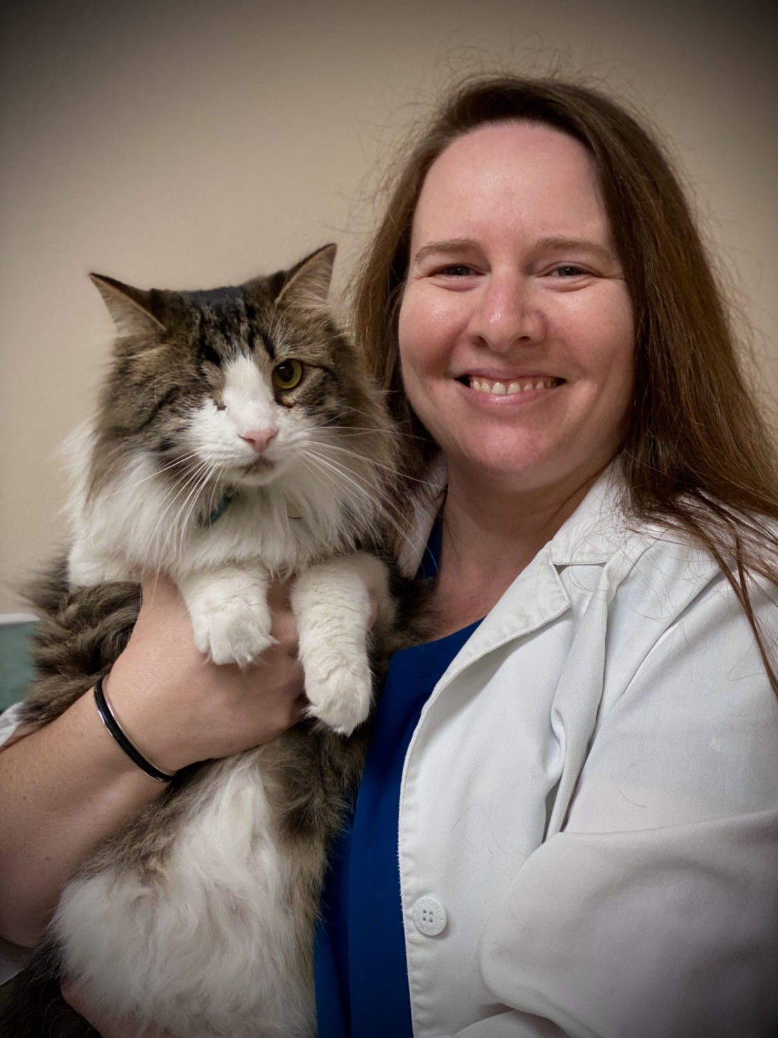 Dr. Catherine Loughner holding a fluffy brown and white cat